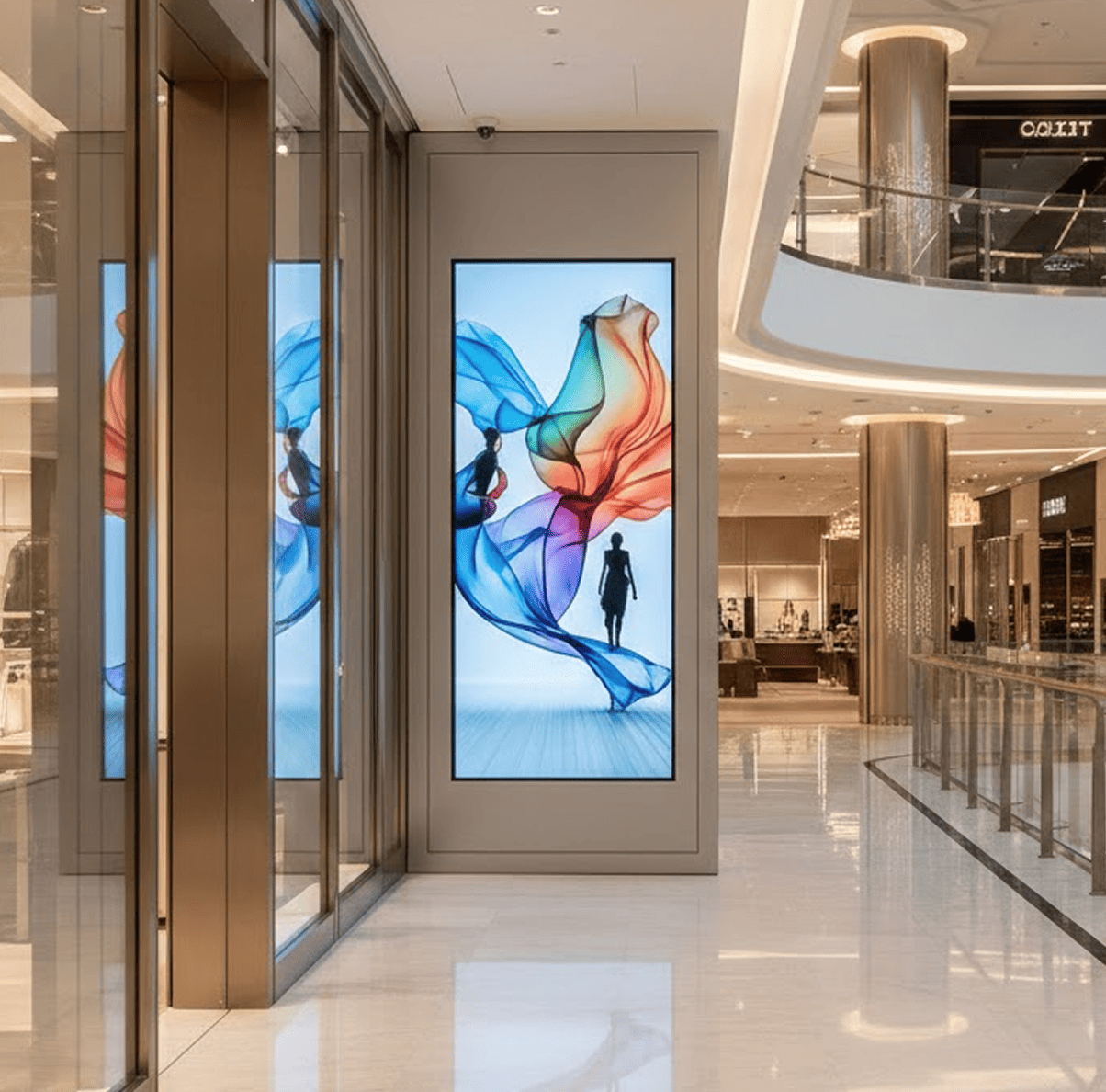 “A high-end shopping mall interior with a modern Everglow indoor LED screen designed for fashion and lifestyle branding. Perfect for retail engagement and premium brand promotion.”